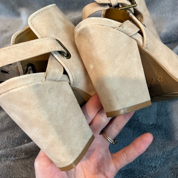 Qupid Beige Peep Toe Bootie with Ankle Strap - Picture 4 of 10